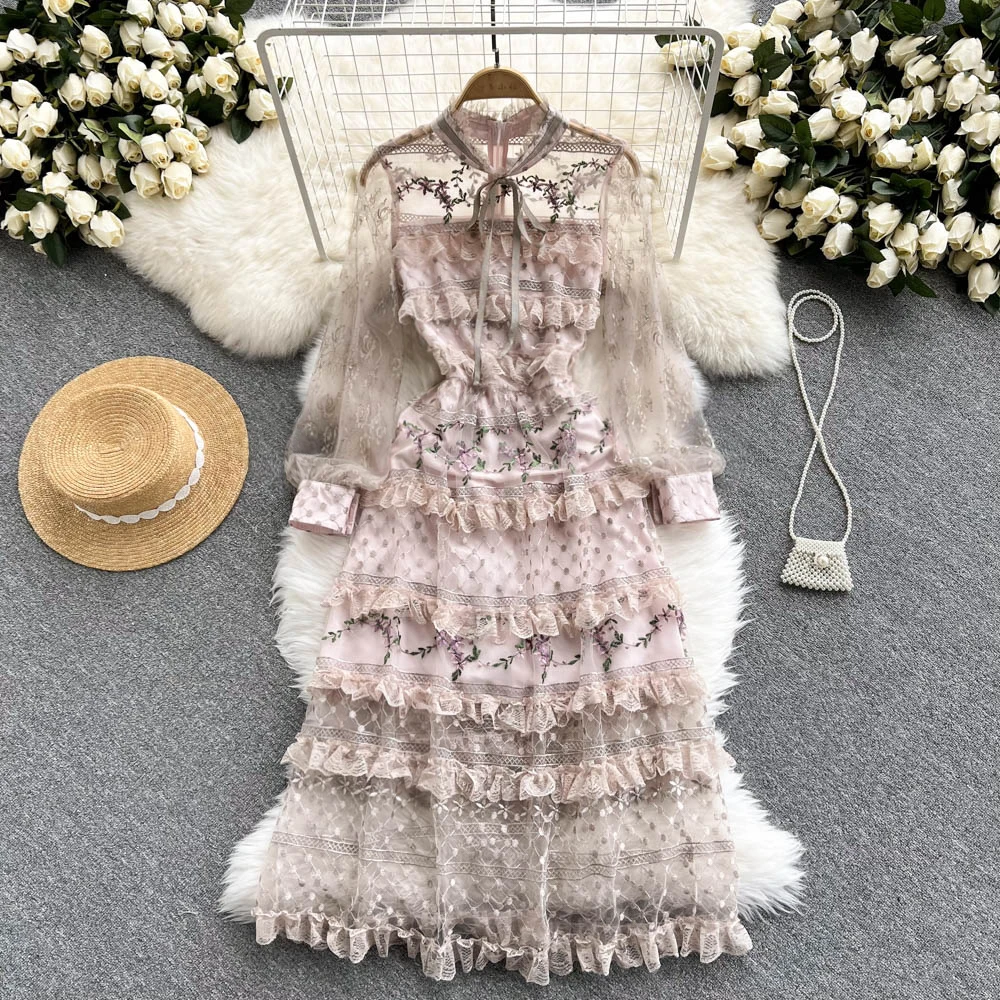 

Women Fashion 2022 New Long Sleeve Elegant Flowers Vintage Dress Mesh Embroidery Holiday Seaside Midi Dresses