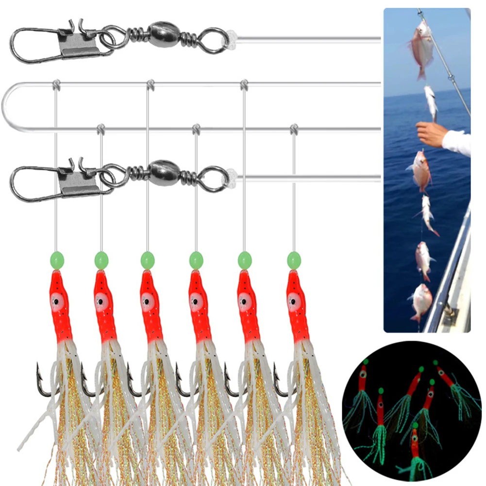 

6 Packs/lot String Fishhook Sabiki Fishing Hook Bionic Fish Skin Lure with Luminous Beads Fishing Swivel Fishing Tackles