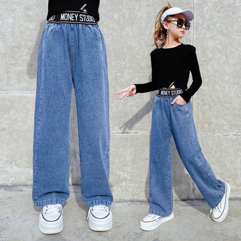 

Джинсы для девочек, весна и осень 2022, корейские брюки с вырезами, прямые широкие брюки для подростков, Повседневные детские джинсовые брюки