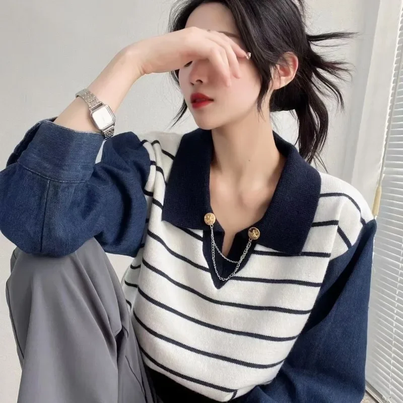 

Denim Sleeve Patchwork Knit Sweater for Women Autumn 2023 Japanese Style Loose Long Sleeve Bottomed Shirt Stripe Pullover Female