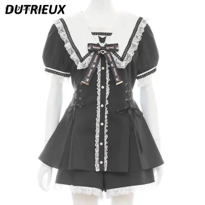 

Japanese Style Women's Elegant Outfits Fashion SC Suit Sailor Collar Printed Bow Tie Short Sleeve Shirt and Shorts Set
