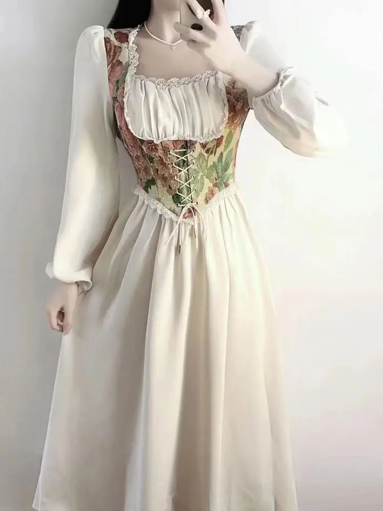 

2023 Summer Long Sleeve French Elegant Dress Party Fashion Midi Dress Woman Casual Patchwork Vintage Lace Dress Office Lady