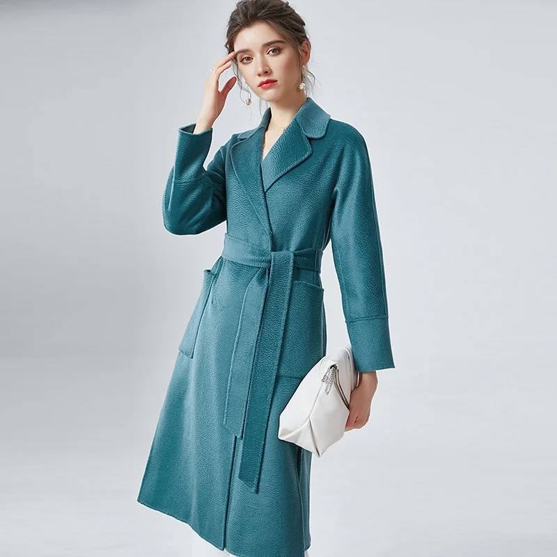 

New Double-sided Cashmere Coat Split Hand Stitched Autumn And Winter Double-sided Tweed Coat Long Water Ripple Wool Coat