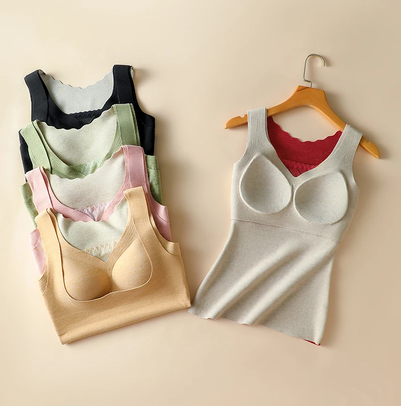 Double Side Brushed Velvet Lace Thermal Women Underwear plush thick Bra & Vest integrated Keep Warm In Winter