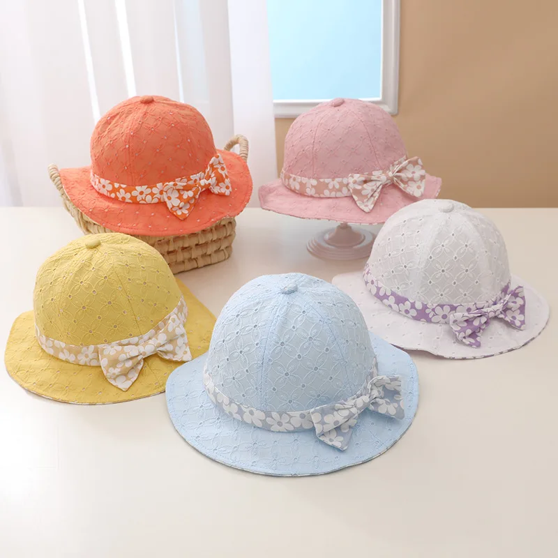Wide Brim Summer Sunhat for Baby Girls Newborn Toddlers Sun Hat with Floral Printed Bow Knot Sun Cap Infant Baby Beach Cap images - 6