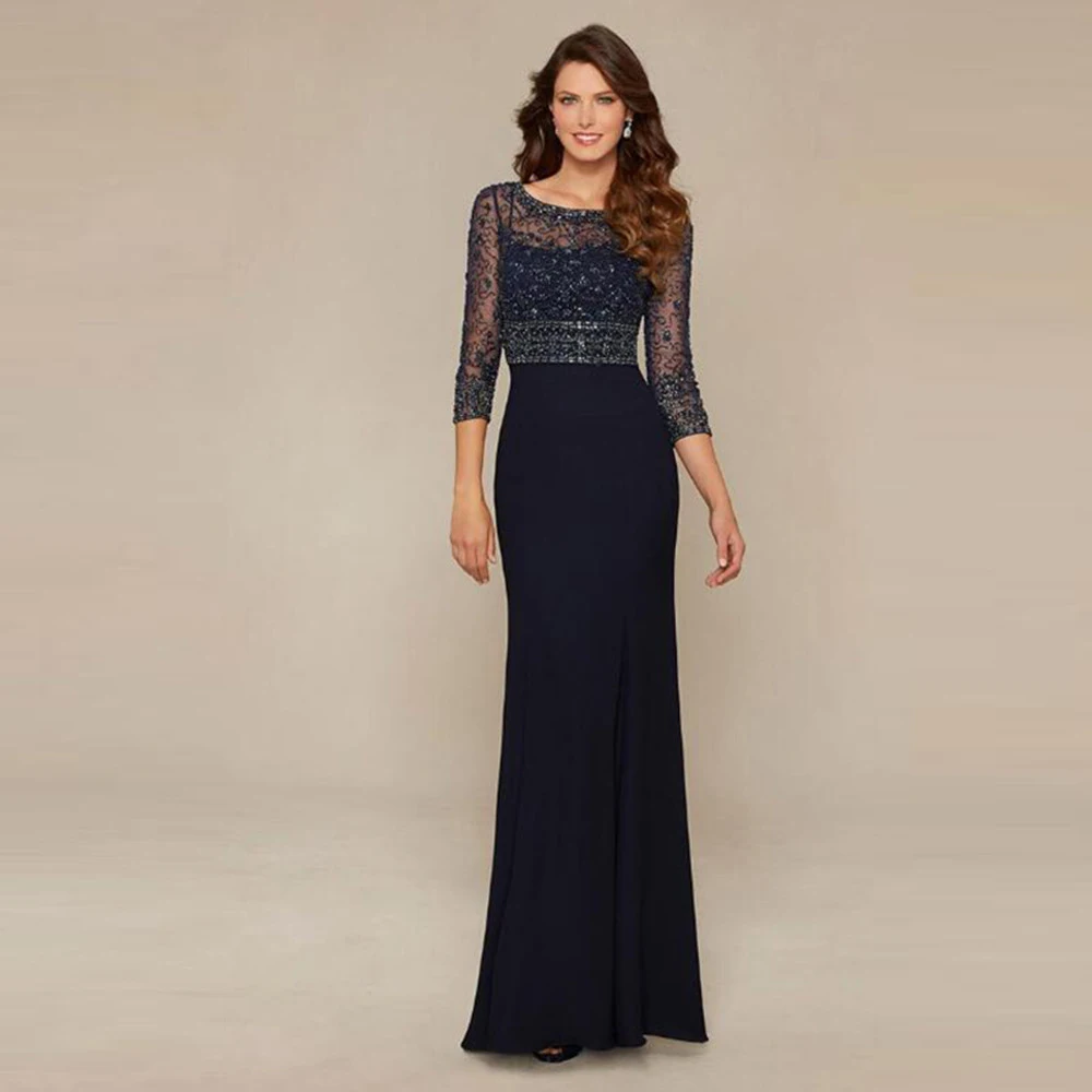 

2023 Dark Navy Chiffon O Neck Beading Mother of the Bride Dresses With Three Quarter Sleeve Wedding Guest Gowns On Sale