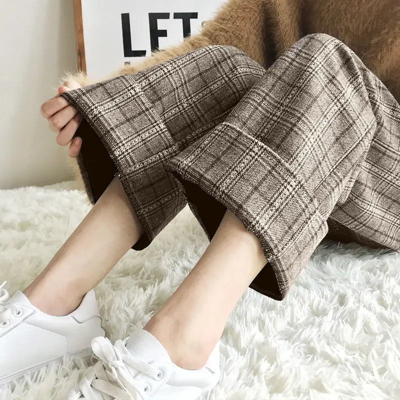 

Winter 2-color Wide-leg Pants Women Student Woolen Plaid Woolen Straight-leg Pants Casual High Waist Drape Thin Nine-point Pants