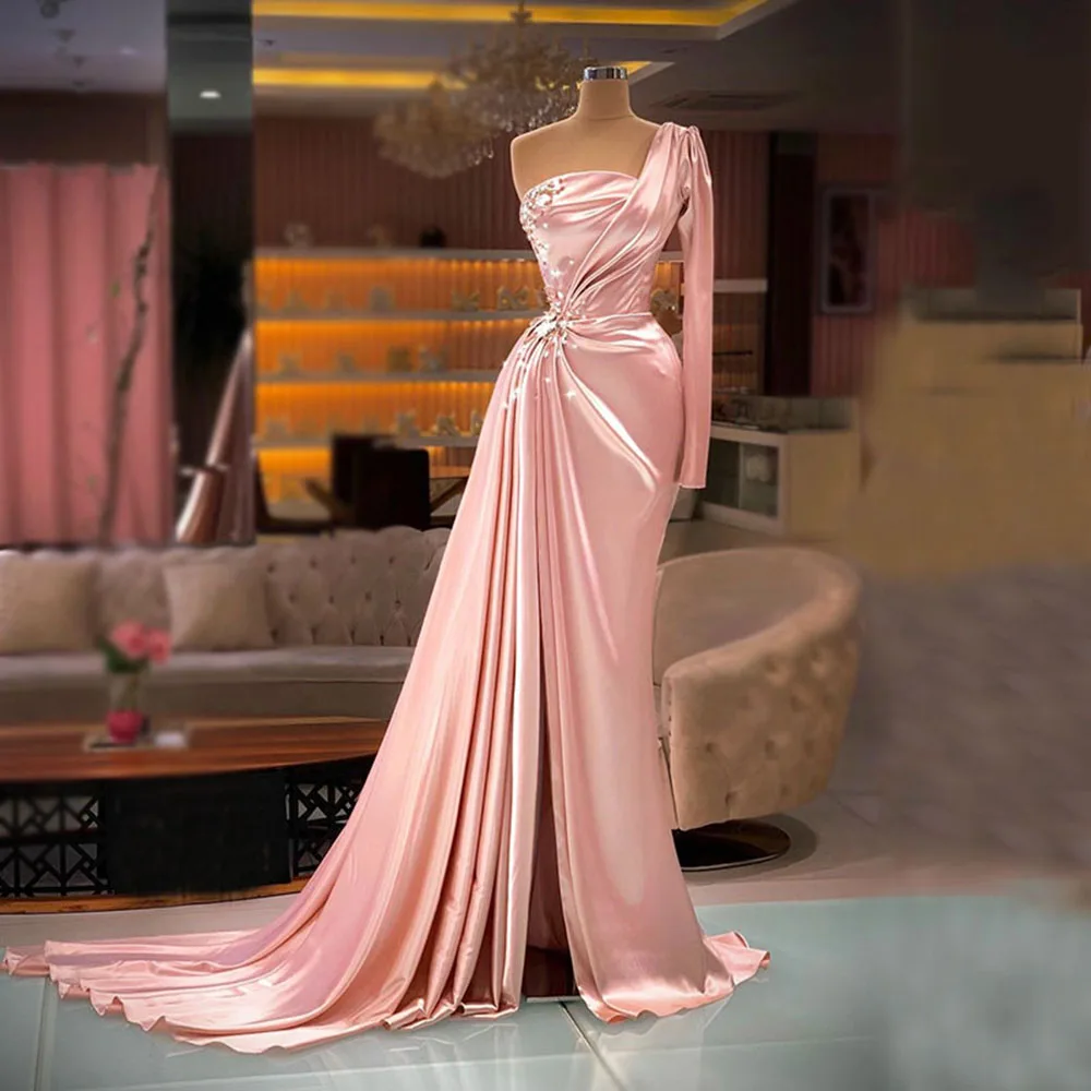 

Laxsesu Pink Satin Mermaid Evening Dresses 2022 Split Beads One Shoulder Prom Dress Sweep Train Formal Party Gown Long