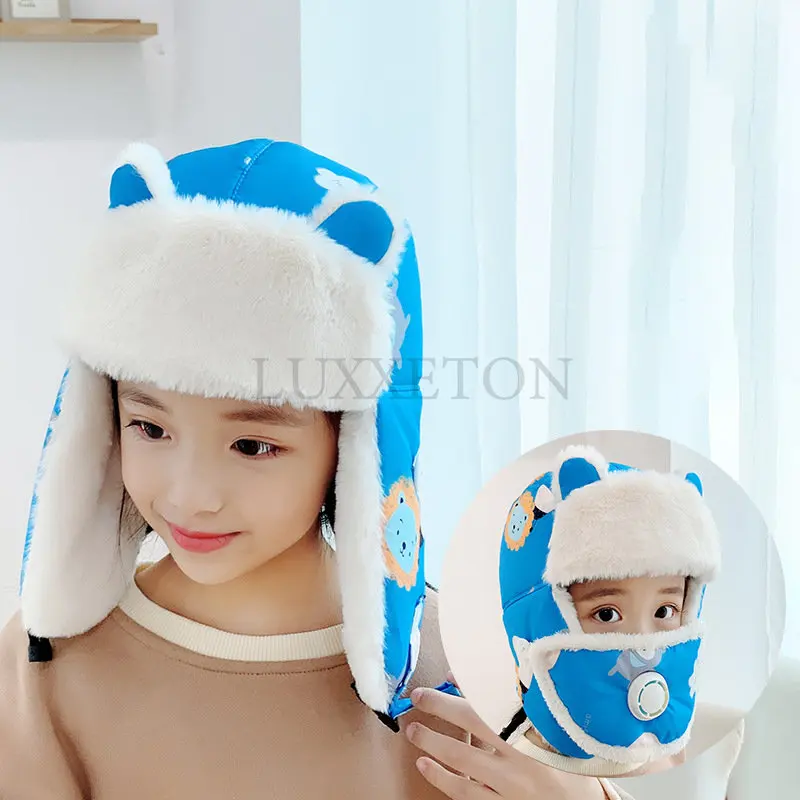 

Children Lambwool Cartoon Lei Feng Hat with Mask Breathing Valve Winter Kids Boys and Girls Ski Windproof Warm Hat