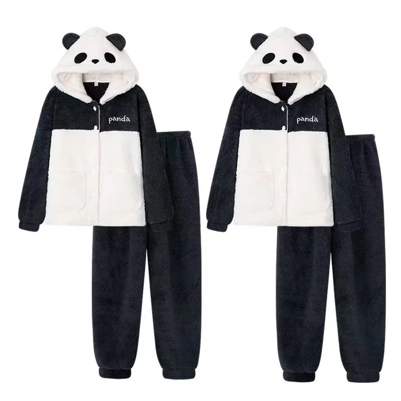 2022 Winter Couple Long Sleeve Hooded Thick Warm Flannel Pajama Sets for Men Cute Cartoon Panda Sleepwear Women Homewear Clothes