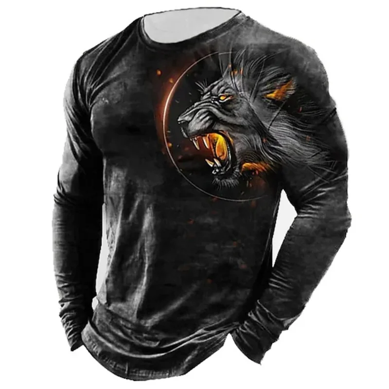 

2022 Men's T-shirts Long Sleeve 3d Gradient Color Lion Pattern Print Top Casual Vintage T Shirt Loose Sports O-neck Harajuku