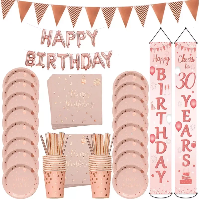 

Rose Gold Birthday Party Decorations Adult 30/40/50/60 Years Birthday Couplet plates cup Birthday Party Anniversary Supplies