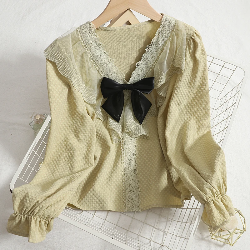 Женская кружевная блузка с оборками Корейская Свободная V-образным вырезом и