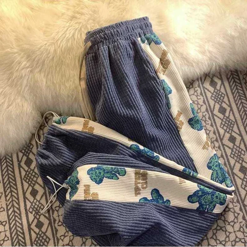 

2022 Winter Corduroy Thickened Fleece Sweatpants Harajuku Cute Bear Cartoon Dark Purple Y2K Pants Kawaii Students Korean Fashion