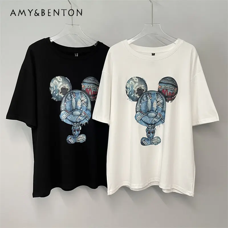 

2023 Summer Korean New T-shirt Tees Cartoon Printed Pattern Loose Slimming Korean Style Short Sleeve Tshirt Top Shirts For Women