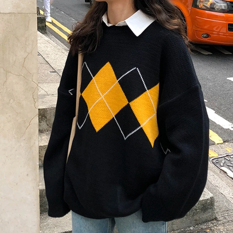 

Women Autumn Long Sleeve O-Neck Sweater Korean College Style Argyle Plaid Pattern Pullover Tops Oversized Loose Knitwear Jumper