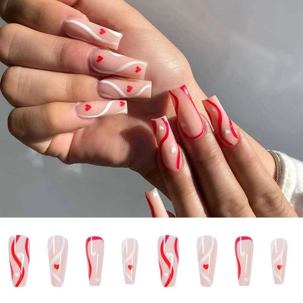 

24pcs/Box Red Artificial Manicure Tool Coffin Fake Nails Wearable Nail Tips Heart Long Ballerina False Nail Tip