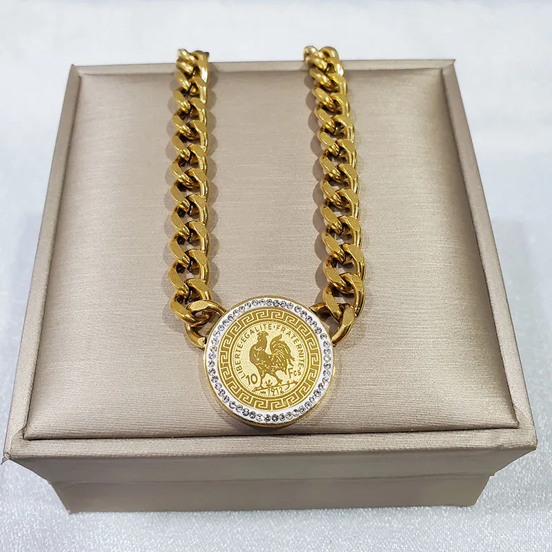 Нержавеющая сталь 316L золотой узор петуха толстая цепочка браслет с кристаллами и