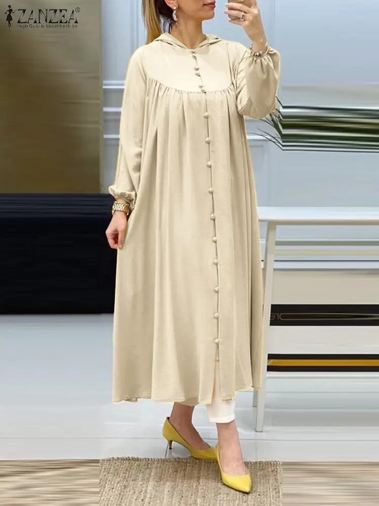 

Платье ZANZEA женское средней длины с длинным рукавом, плиссированное повседневное свободное с воротником-капюшоном, модное праздничное длинное с одной грудью