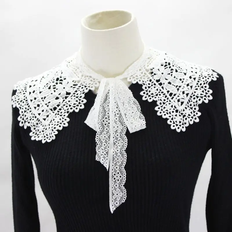 

European Pastoral Style Womens for Doll False Fake Collar Hollow Out Embroidery Floral Lace Half Shirt Shawl with Bowkno 066C