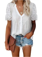 women blouse solid v neck hollow out lace patchwork pleated puff sleeve chiffon tops shirt