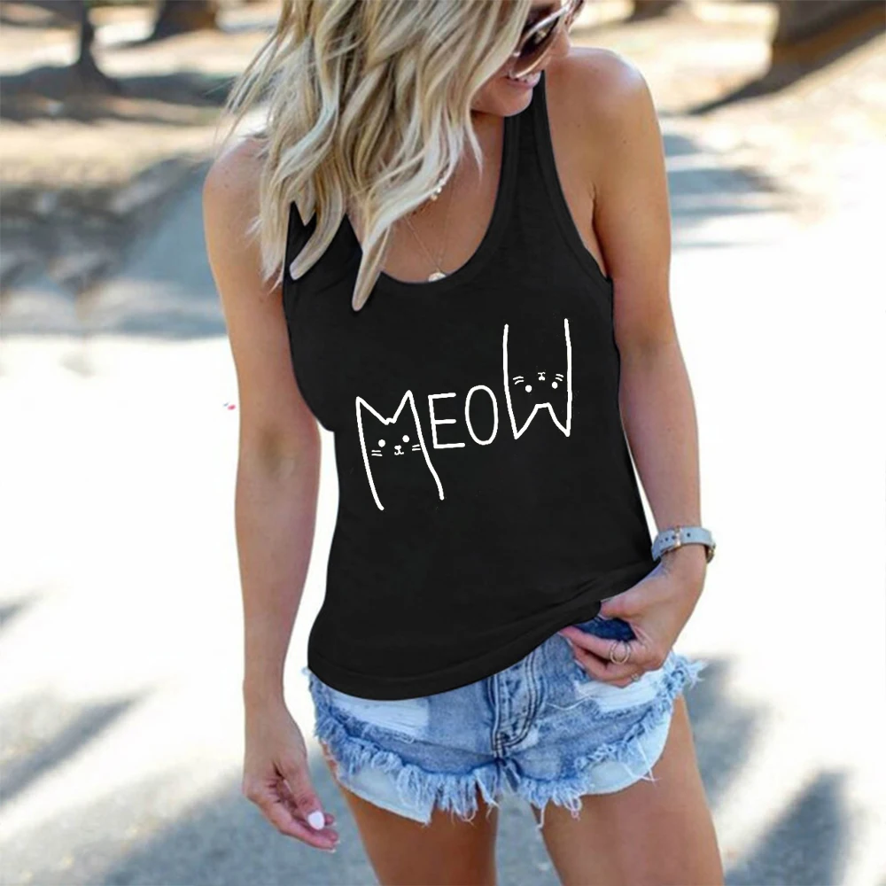 Rheaclot Meow Cat Women's Graphic Funny Summer Cotton Tank Top