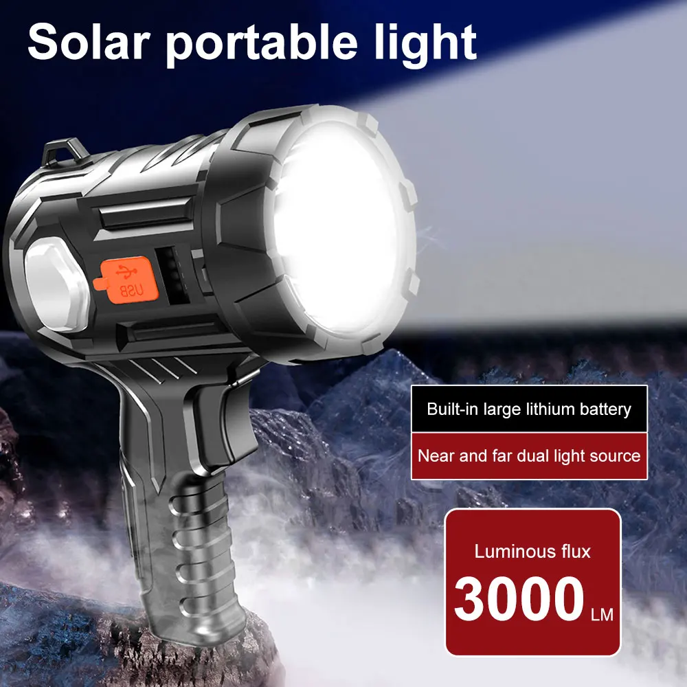

High Power Rechargeable Solar Led Flashlight Searchlight 2200 Lumens Powerful Lantern Spotlight Portable Lighting For Camping