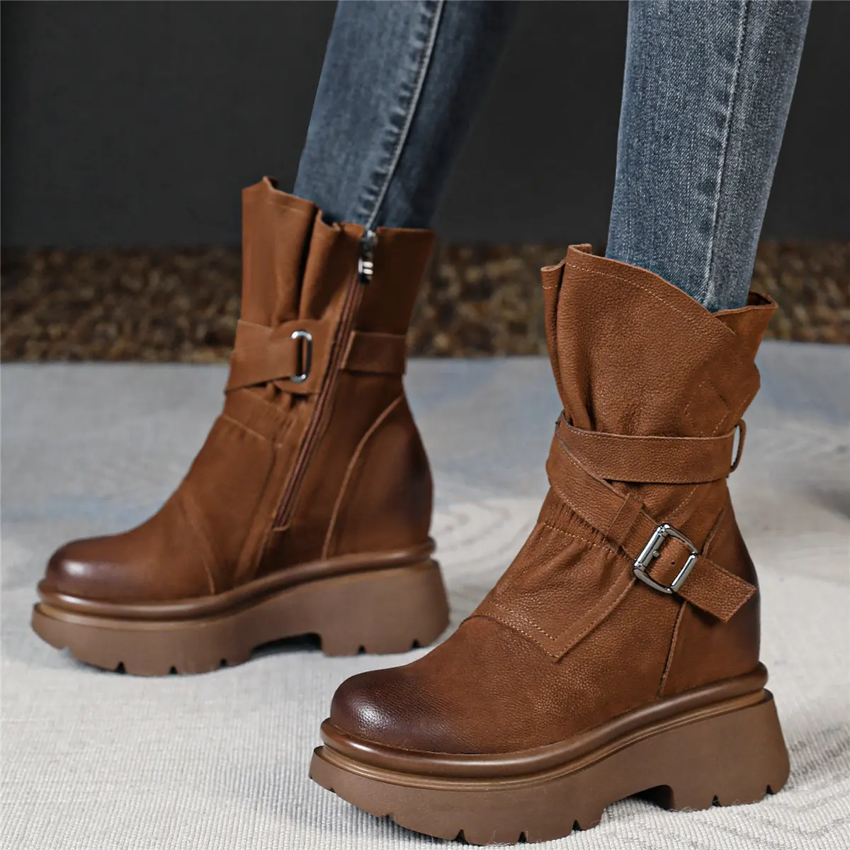 Winter Fashion Sneakers Women Genuine Leather Wedges High Heel Ankle Boots Female High Top Round Toe Platform Pumps Casual Shoes