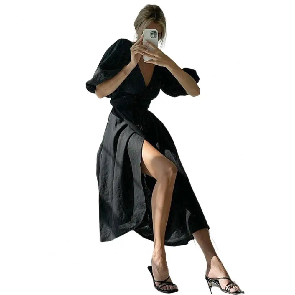 

Elegant Dresses for Women 2022 V-Neck High-Waist Puff Short Sleeve Waist Lace-up Split Large Hem A-line Solid Color Midi Dress