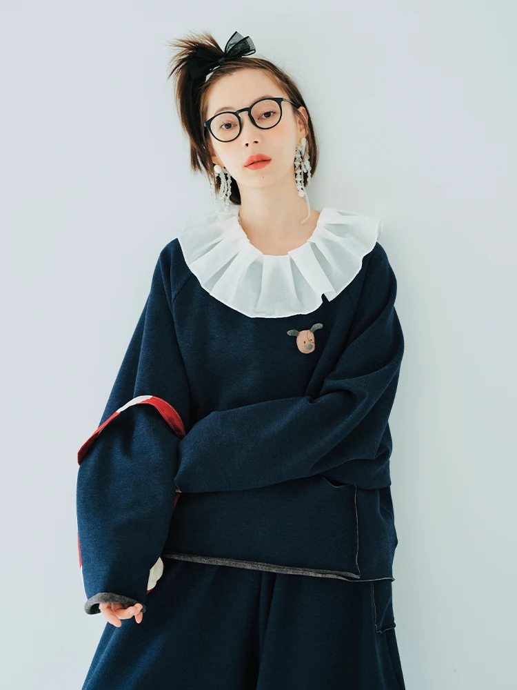 Imakokoni original design solid color long sleeve pullover cashmere warm casual versatile embroidered top for women autumn