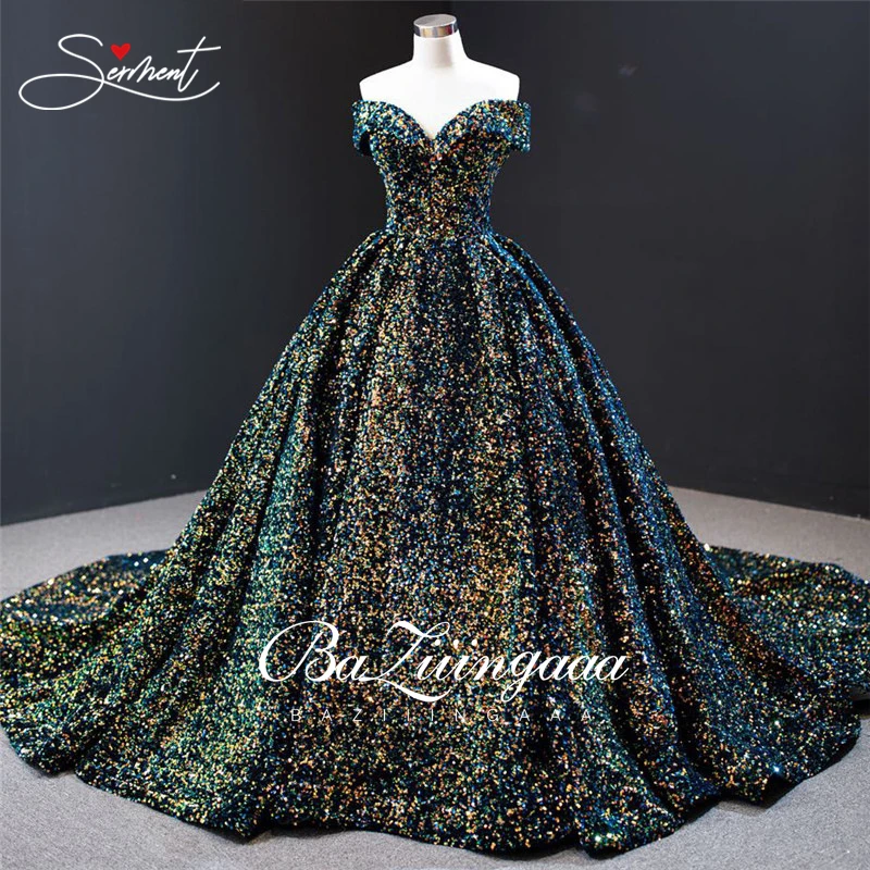 

Роскошное красочное свадебное платье с блестками, со сверкающими градиентными блестками, золотой свадебный наряд для невесты 150 см, BAZIIINGAAA