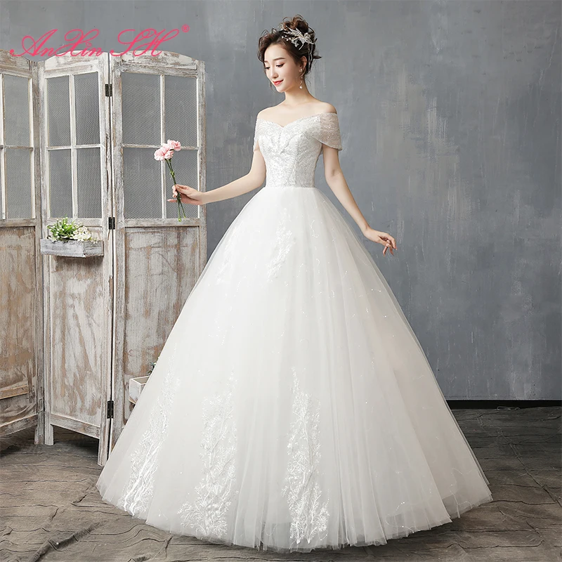 

AnXin SH princess white flower lace wedding dress vintage boat neck beading crystal ball gown lace up bride wedding dress