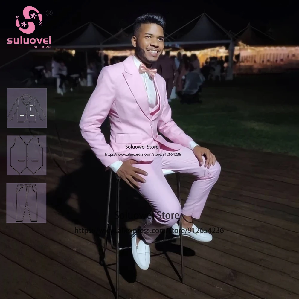 Реальное фото розовый облегающий Свадебный костюм для мужчин комплект из 3