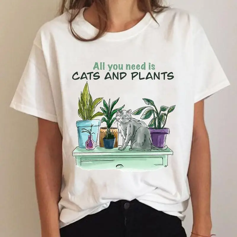 

Женская футболка с коротким рукавом, летняя футболка с рисунком кошки и растений