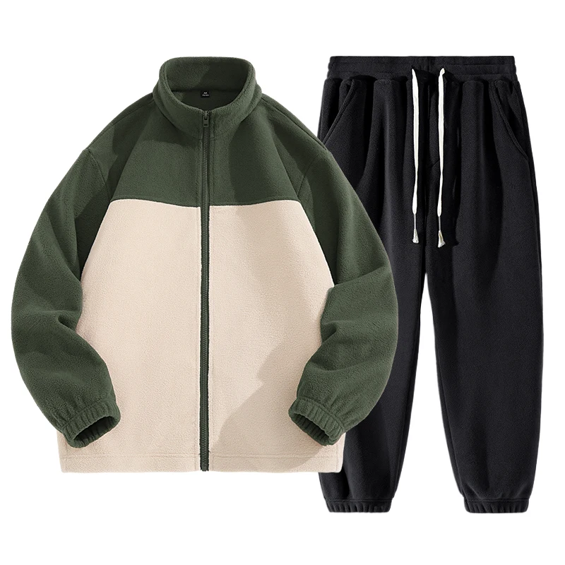 NN Zhenvis Polar Fleece Outerwear Men's Winter Blackish Green Color Matching Jacket Liner Fleece-lined Thickened Casual Set