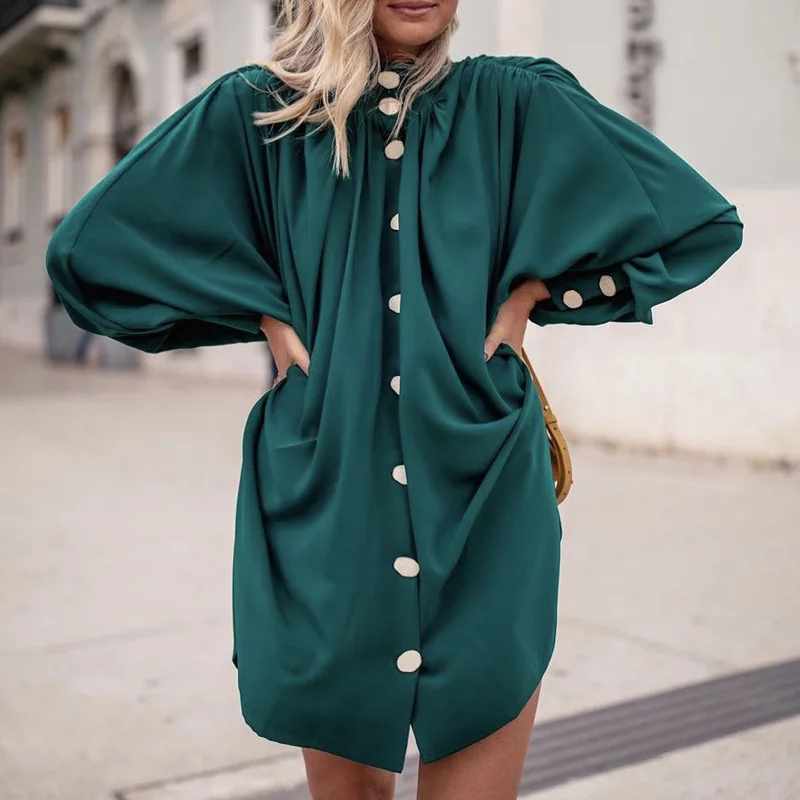 Solid Color Long Sleeves Buttons Cardigan Stand Collar Streetwear Long Shirts Casual Shirts Spring Autumn Fashion Women