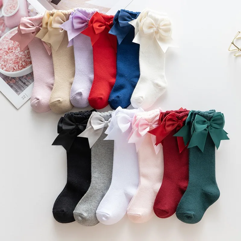 

Baby Girls Socks Spring Autumn Cute Bow Knee High Socks Soft Solid Color Spanish Style Lolita Socks Long Stockings for Kids 0-7Y