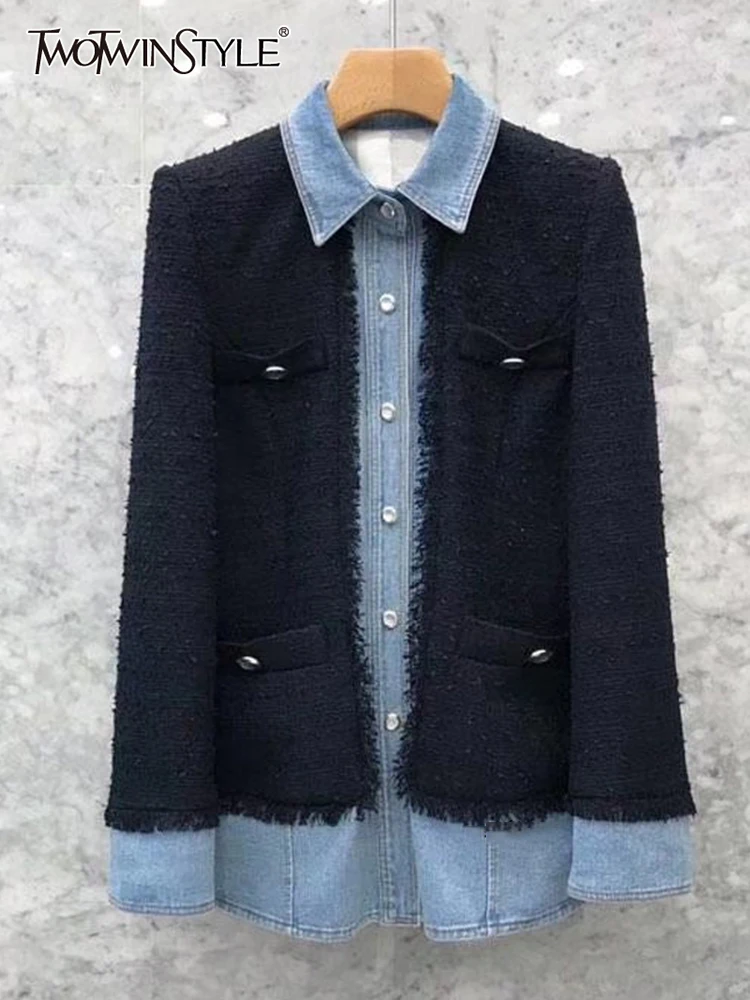 

Женский Джинсовый блейзер TWOTWINSTYLE, свободный винтажный однобортный Блейзер составного кроя с отворотами и длинными рукавами, 2019