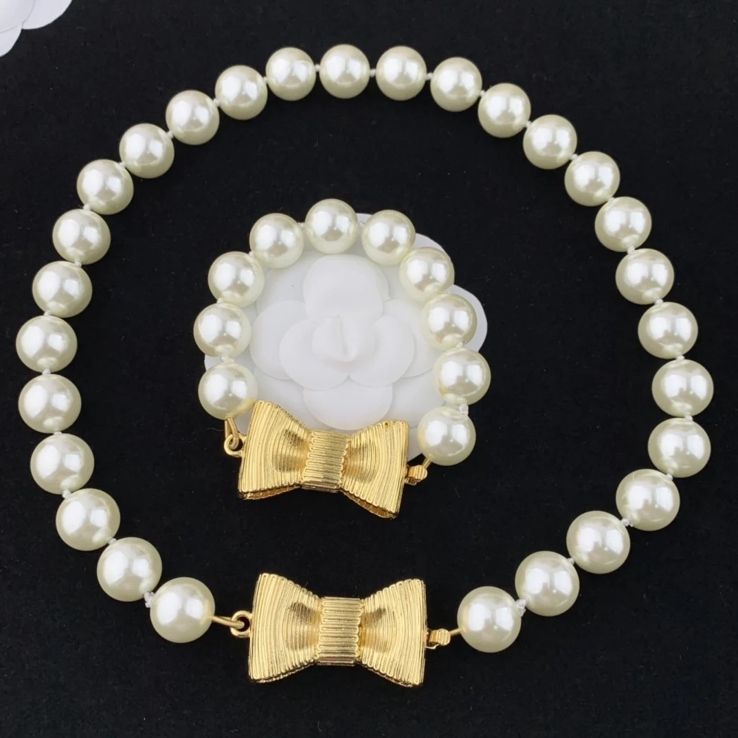 

Bow large bead necklace Women's vintage choker collarbone chain bracelet