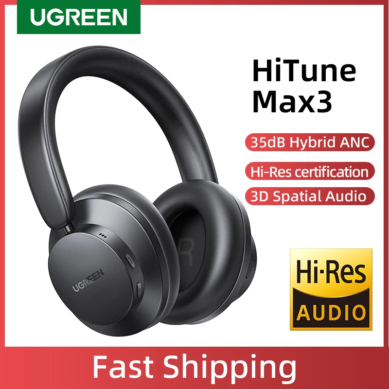 UGREEN HiTune Max3 Hybrid 35dB ANC Active Noise Cancelling Headphones Wireless Over Ear Bluetooth Earphones, 3D Spatial Audio