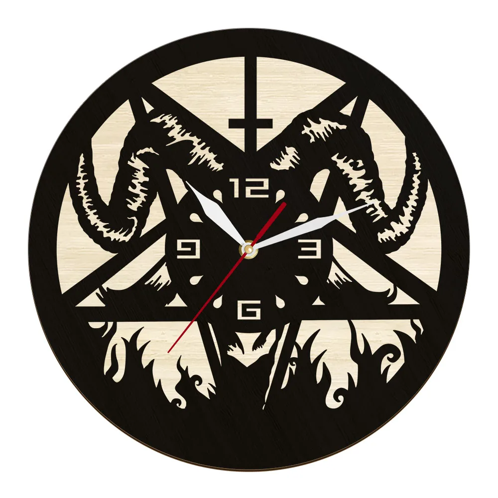 

Satanism Baphomet Symbol Lucife Wood Wall Clock Satanic Demon Gothic Home Decor Handmade Natural Wood Art Silent Quartz Clock