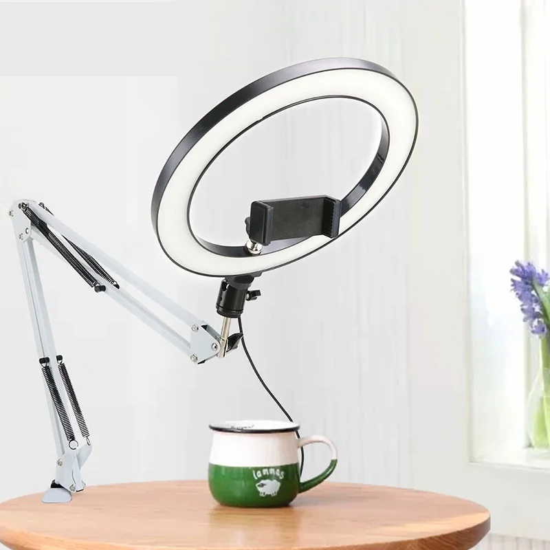 

Светодиодный кольцевой светильник для селфи с регулируемой яркостью, лампа с теплым и холодным светом 3 цветов, Настольный светильник с дли...