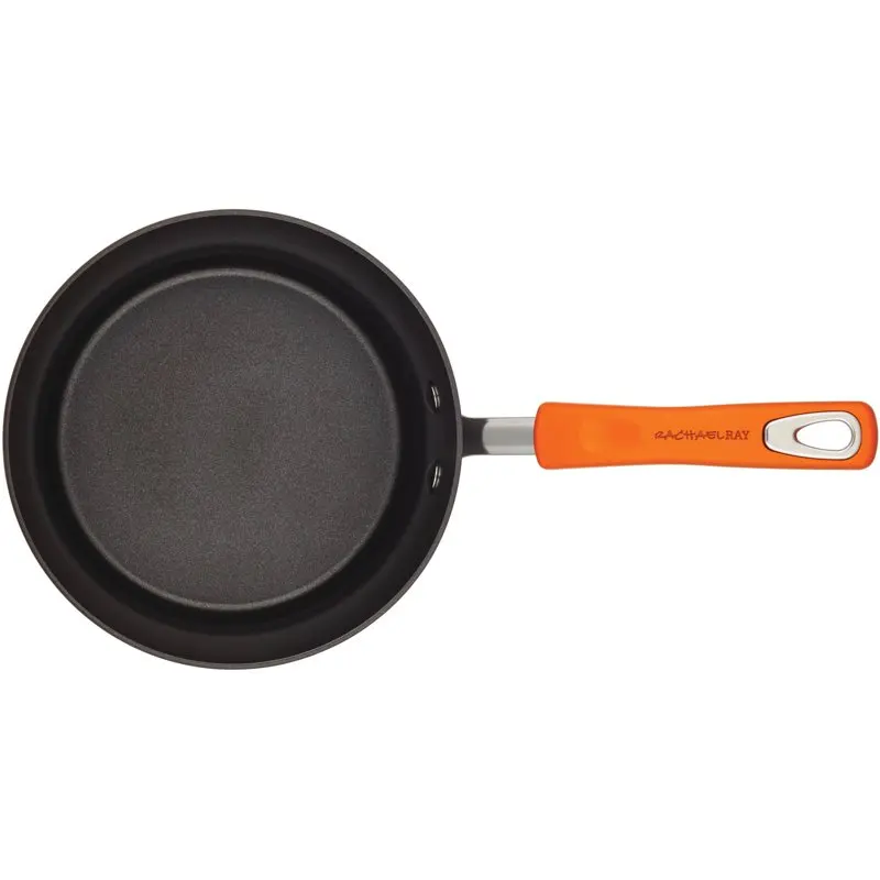 

High-Quality Aluminum Nonstick 3-Quart Gray Saucepan with Bright Orange Handle, Perfect for Stovetop Cooking.