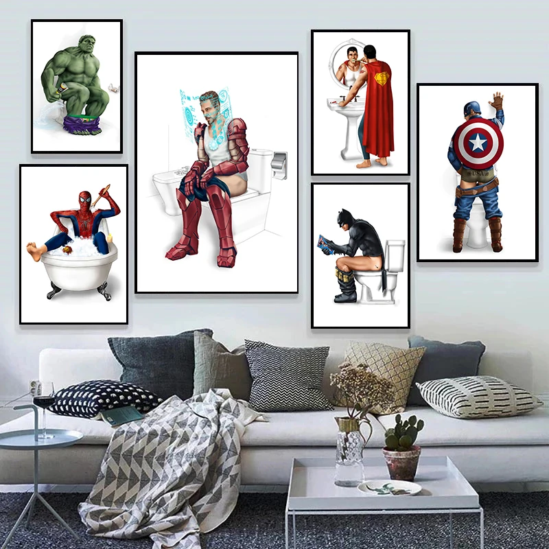 Картина на холсте Marvel Мстители, забавное искусство, Человек-паук, Халк, Железный человек, Капитан Америка, постер, декор для ванной комнаты, настенные художественные принты