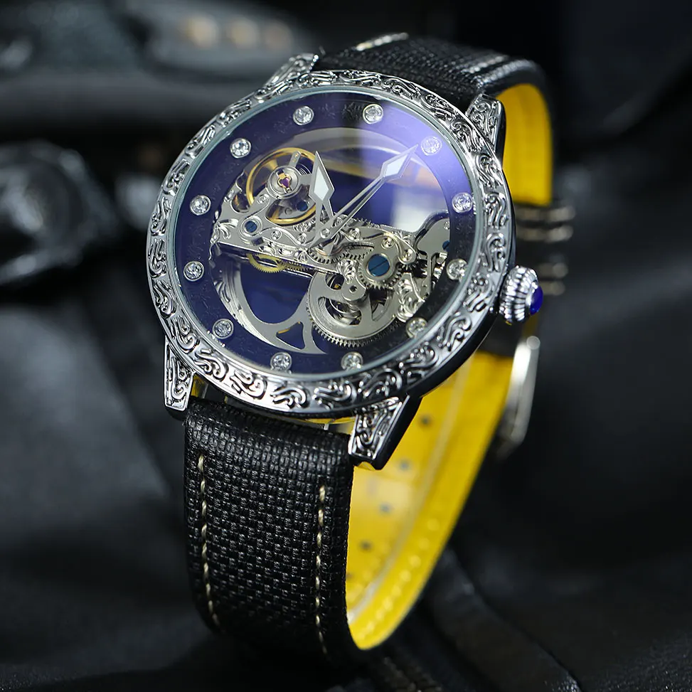 Forsining повседневные автоматические часы 3D Diamond Skeleton Hollow мужские наручные