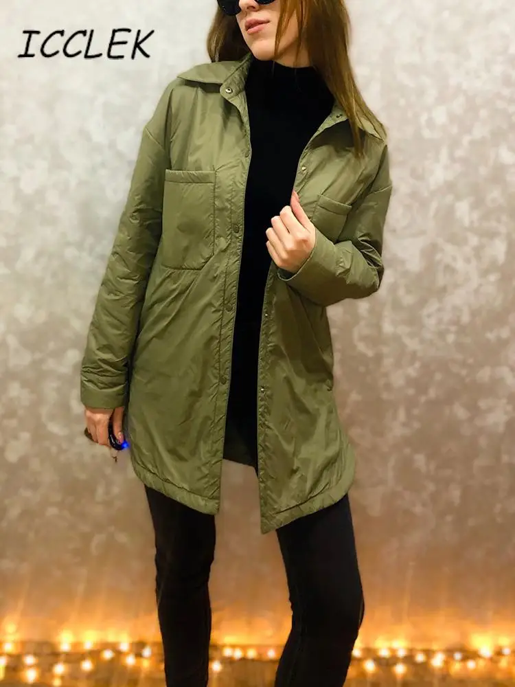 Women Jacket Chunky Parkas Thin Long Coat Khaki Pocket Female Oversize Overshirt tr BF Button Long Sleeves Outwear Armygreen