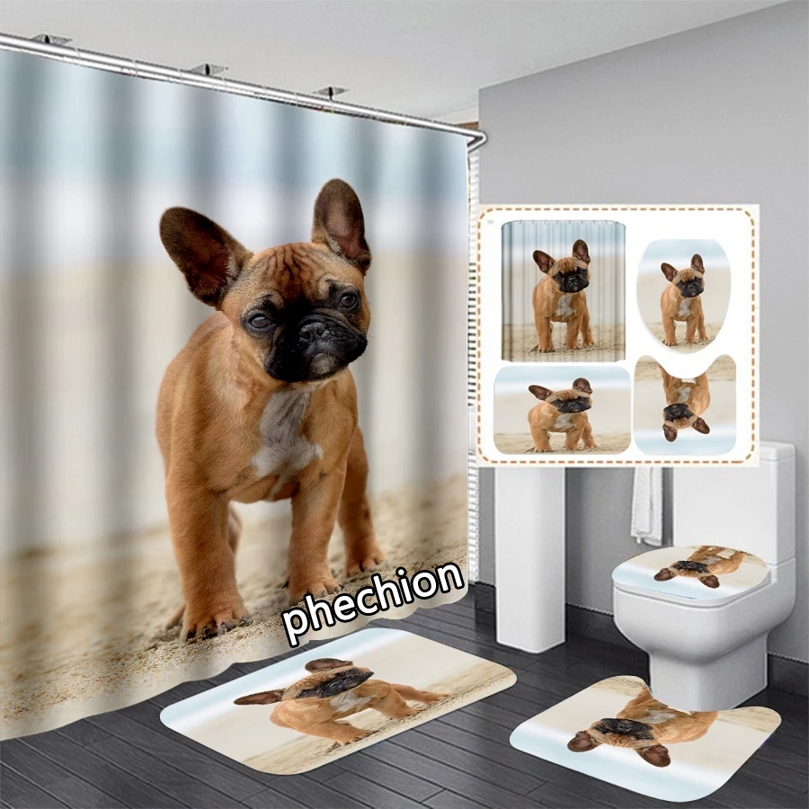 

phechion Animal Bulldog 3D Print Waterproof Bathroom Shower Curtain Toilet Cover Mat Non-Slip Floor Mat (1/3/4Pcs) W36