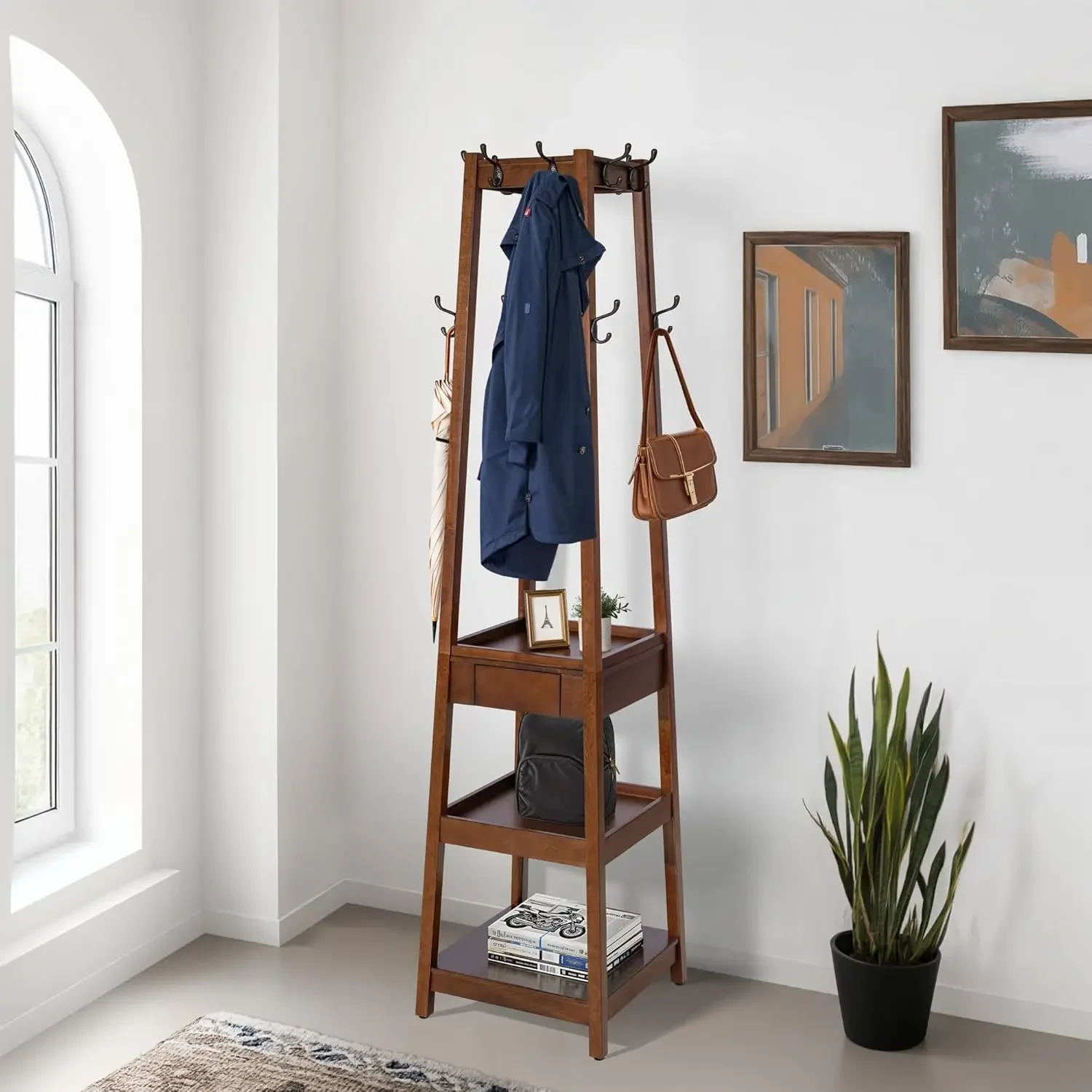 Деревянная сверхпрочная вешалка с 12 крючками и 3-х ящиком 1 кофе