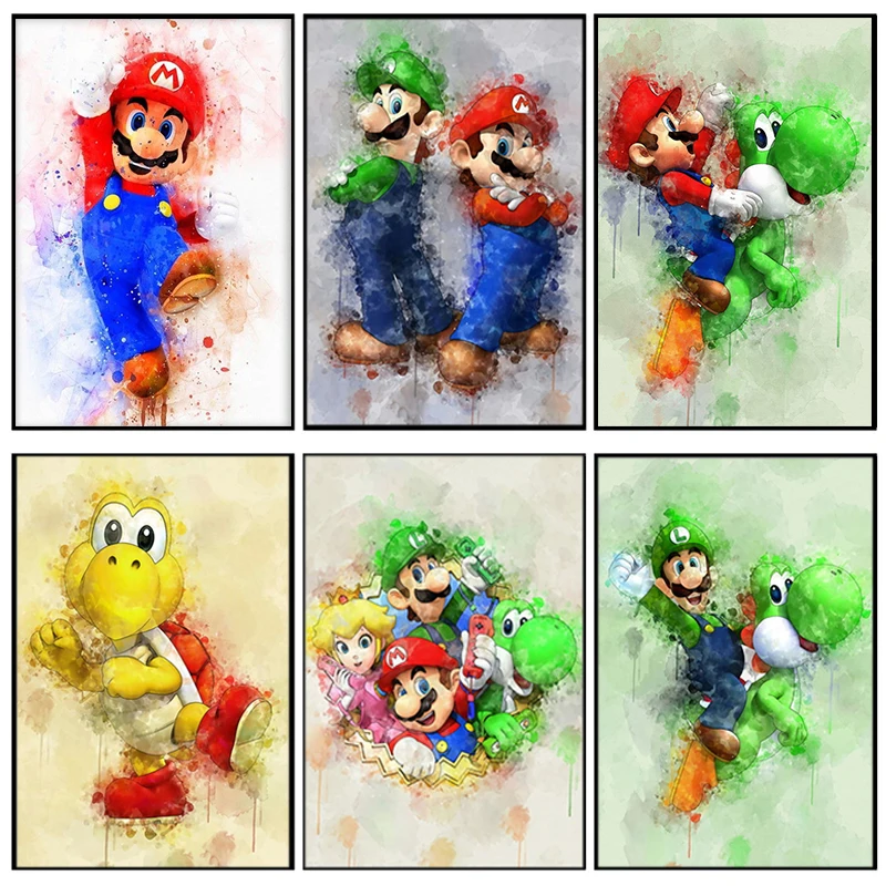 

Акварельные плакаты Super Mario, Мультяшные Аниме игры, холст, живопись, настенное искусство, декор для гостиной, домашний декор, настенные карти...