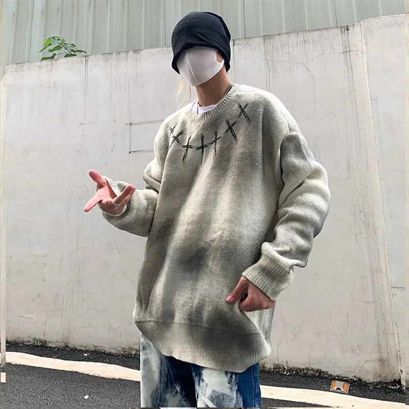

ZCSMLL Tie-dye Retro Print Pullover Sweater Men's Loose Lazy Style Loose Sweater Niche Graffiti Black Street Tide 2022 Spring